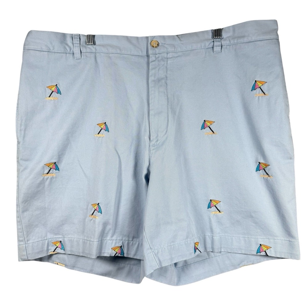 Orvis Chino Shorts Mens 44W Blue Embroidered Beach Umbrella AOP Preppy 6" Inseam